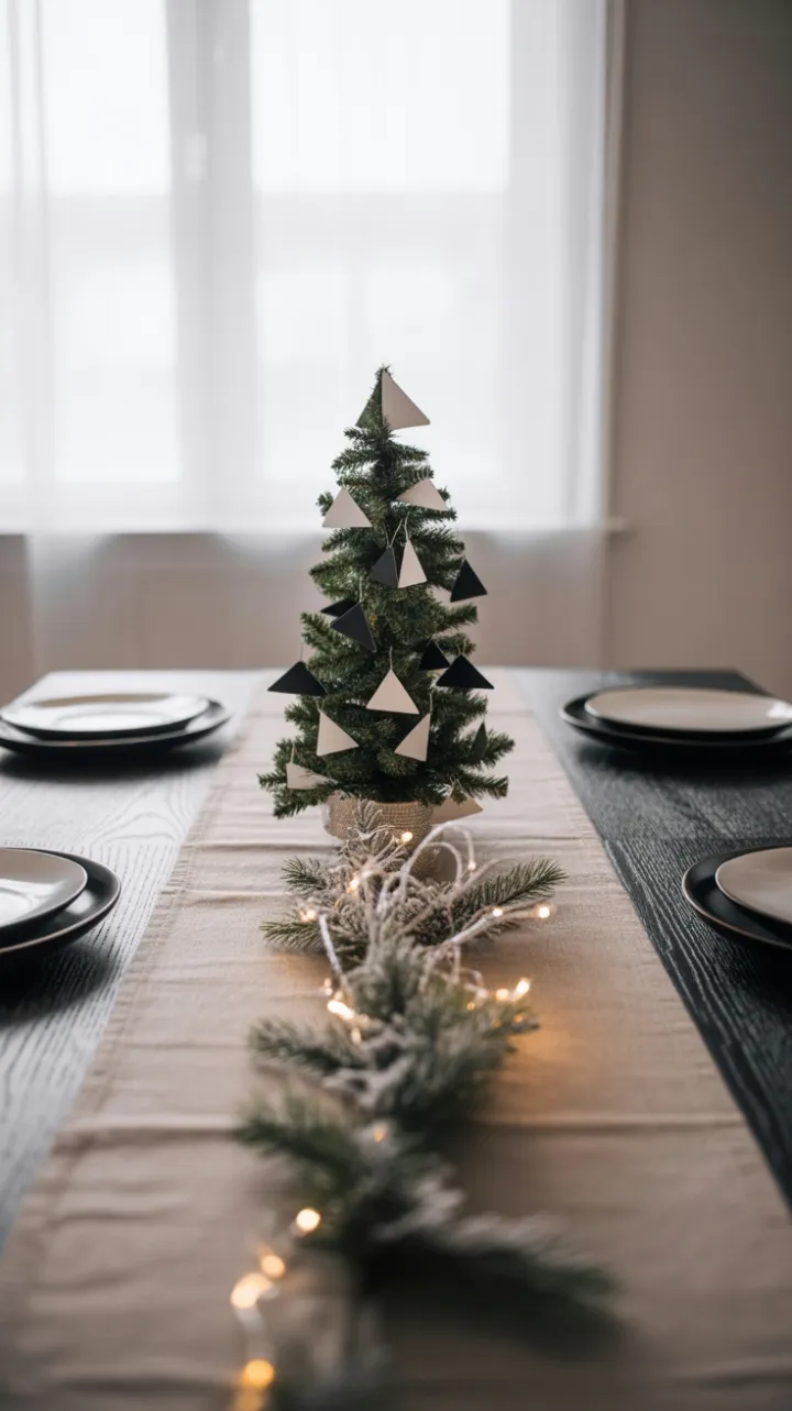 Minimalist Christmas Table with Geometric Tree and Frosted Elegance