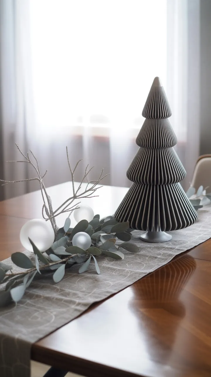 Sleek Monochrome Christmas Table with Geometric Tree and Silver Accents