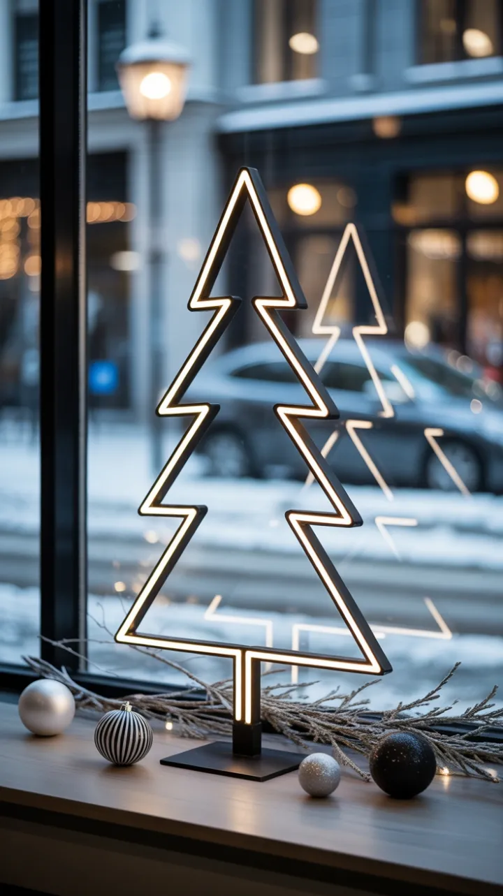 Midnight Minimalist Tree Glows Against a Snowy Street