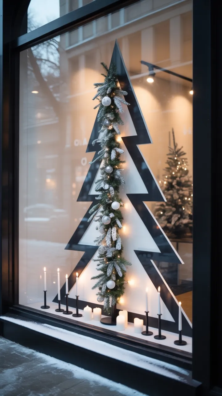 Monochrome Holiday Glow in a Snowy Storefront Window