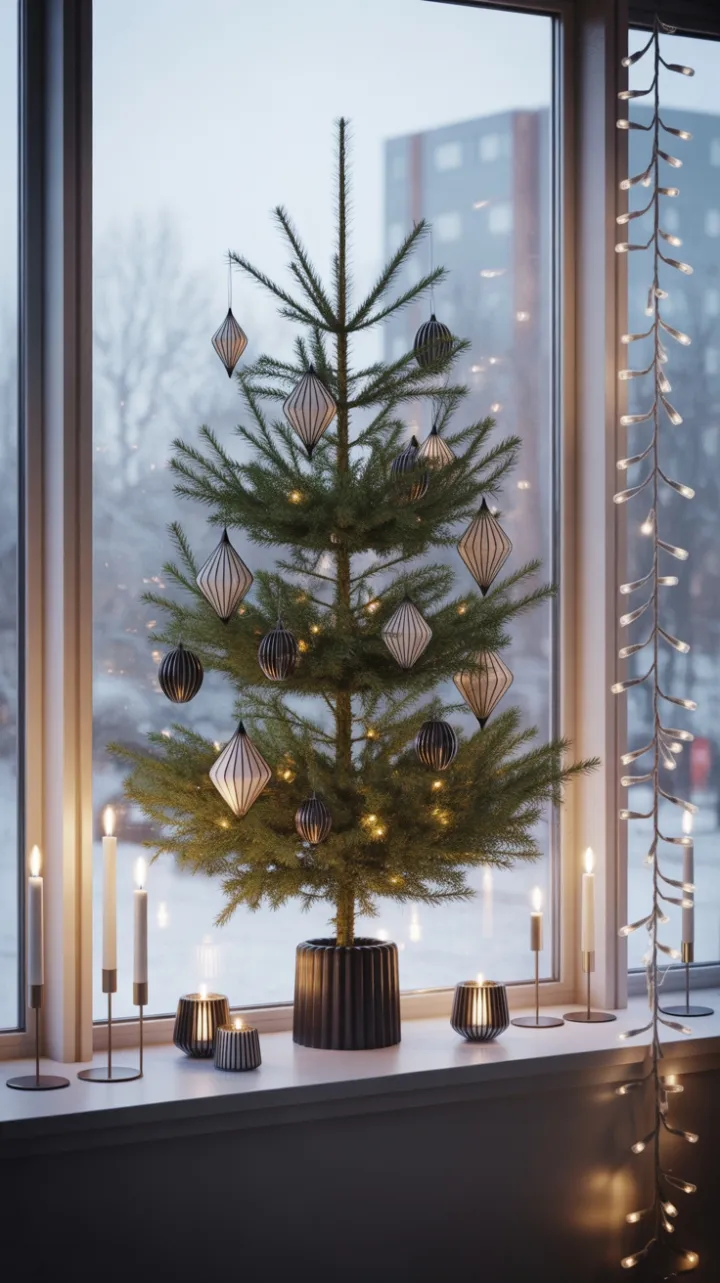 Minimalist Evergreen Bathed in Candlelit Snowfall