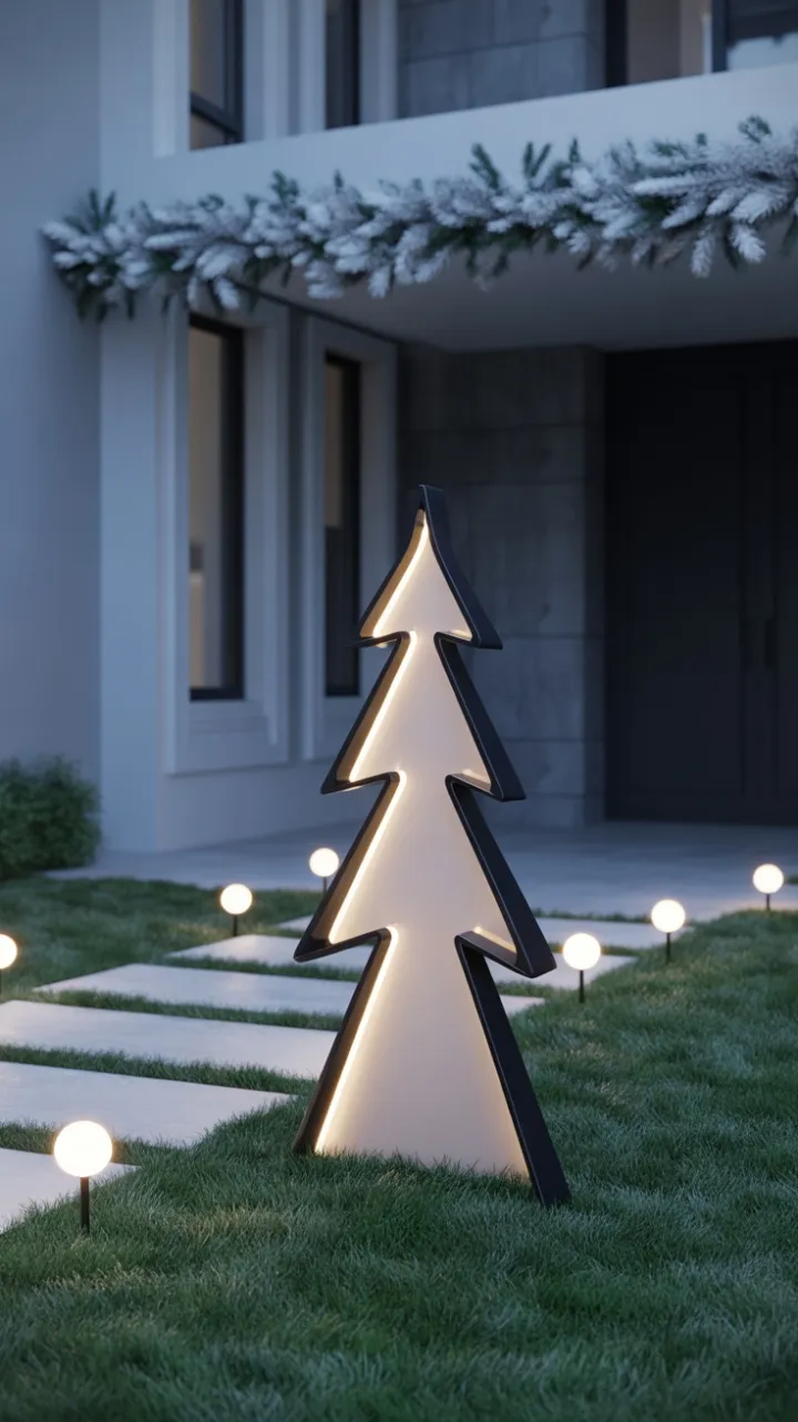Luminous Geometric Tree on a Minimalist Winter Lawn