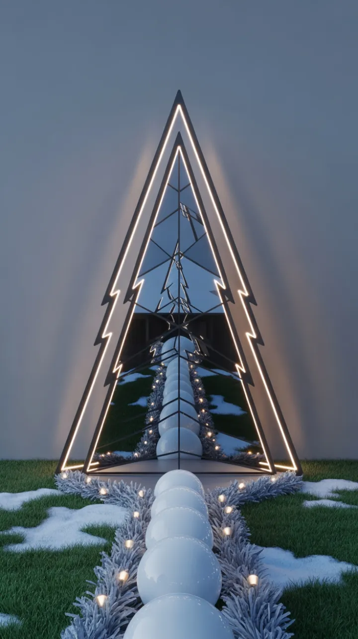 Minimalist Metal Christmas Tree Illuminates Snowy Modern Yard