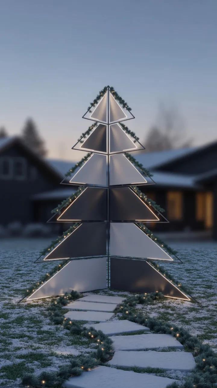 Sleek Geometric Tree on a Snow‑dusted Twilight Path
