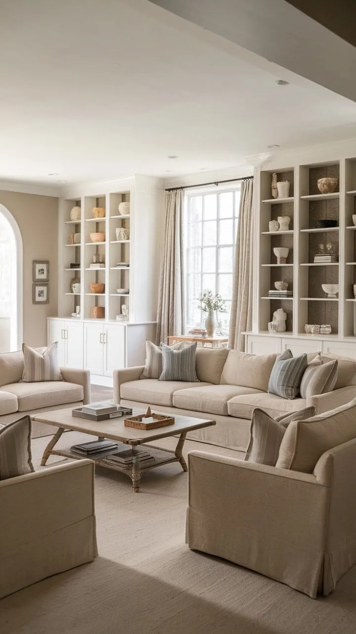 Bathed in sunlight, this airy living room exudes a relaxed elegance with its French country charm and coastal serenity, evoking the effortless chic of a Nancy Meyers film.