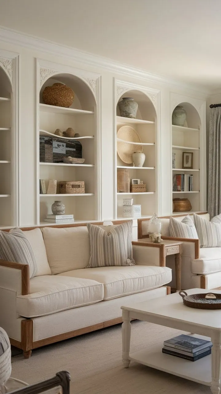 In this sunlit living room, coastal tranquility blends with timeless elegance, offering a chic yet serene retreat after a day by the shore.