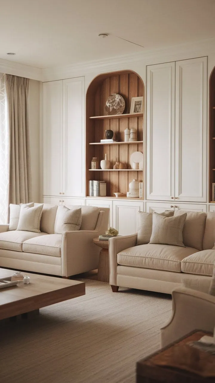 Nestled in a serene coastal breeze, this modern classic living room invites you to unwind on plush beige sofas amidst elegant French-inspired details and a soothing wood-and-white palette.