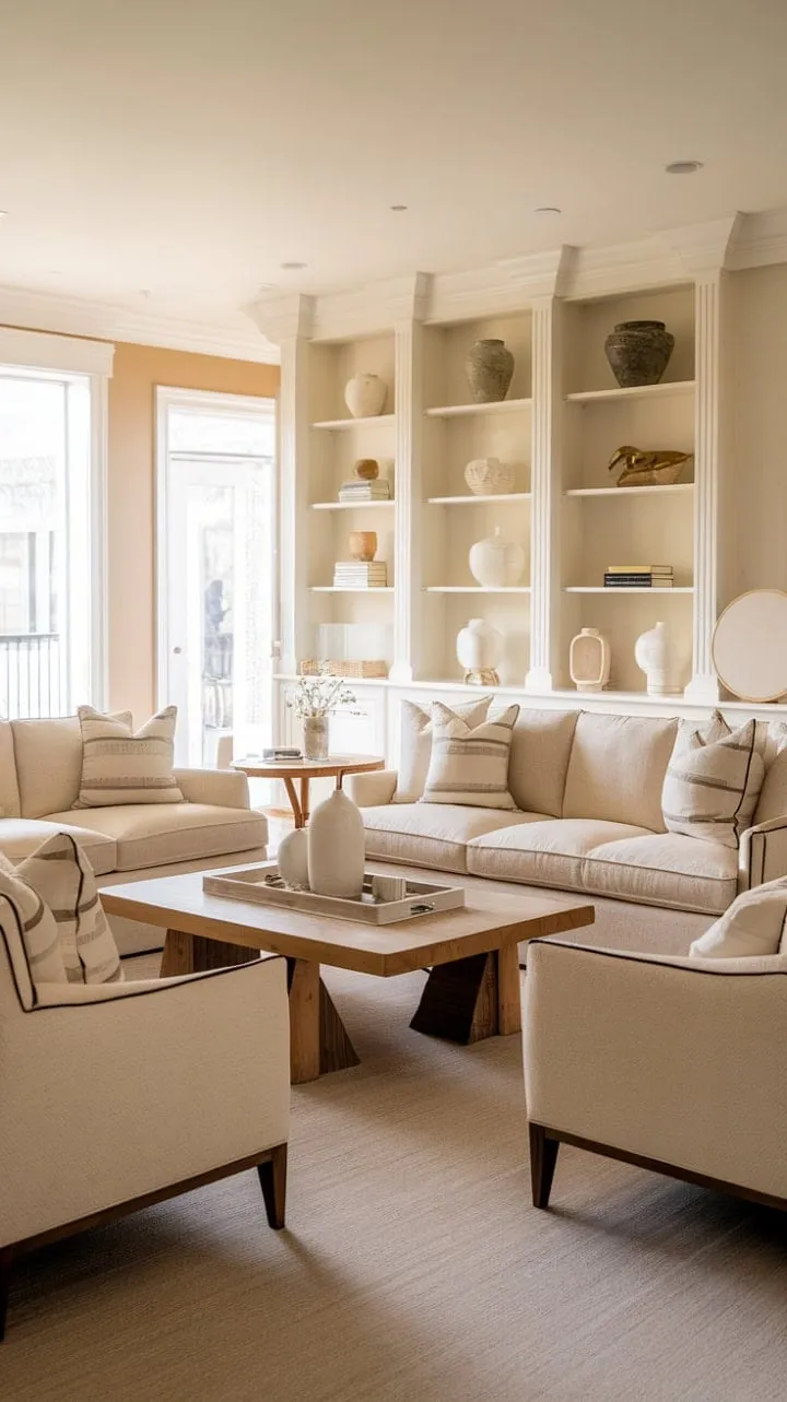 Bathed in sunlight, this French-inspired living room harmoniously blends modern elegance with classic charm, creating a tranquil coastal retreat.