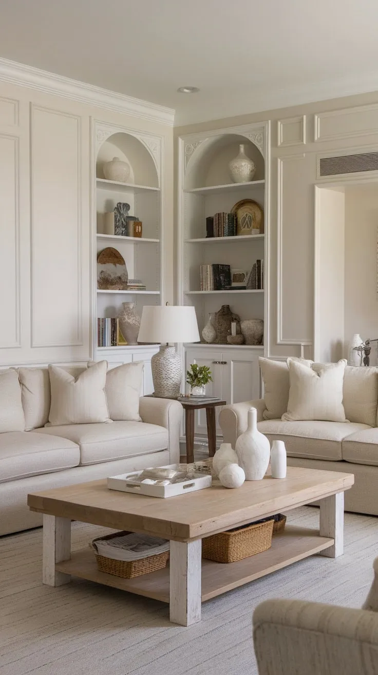 Elegant beige sofas and a coastal-inspired wood coffee table define this French-infused modern classic living room.