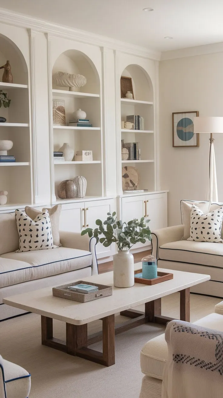 Coastal elegance meets French design in this beige modern classic living room, featuring matching sofas and a wood-and-white coffee table against a backdrop of white built-ins.