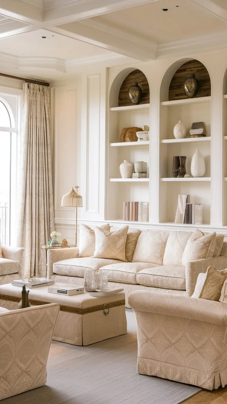 Elegant beige sofas and coastal accents define this Nancy Myers-inspired modern classic living room.