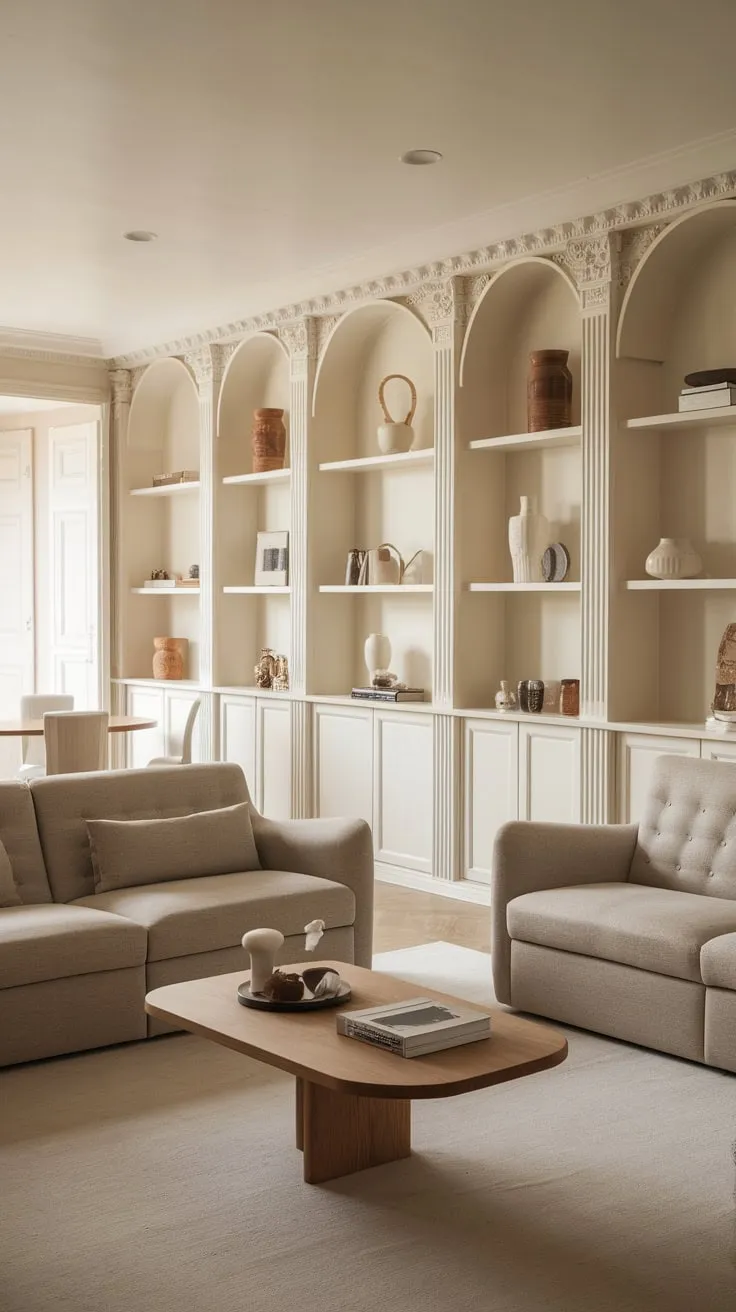 A sophisticated French-inspired living room blends modern lines with classic beige tones, wood furniture, and built-in white shelving for a calming atmosphere.