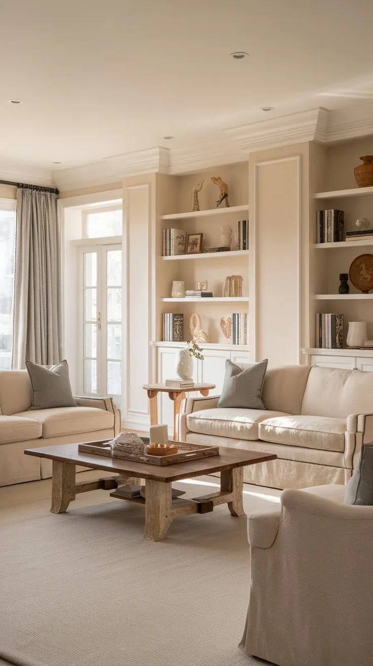 A beige and white coastal living room, featuring French-inspired design elements and matching sofas, creates a warm and inviting modern classic atmosphere.