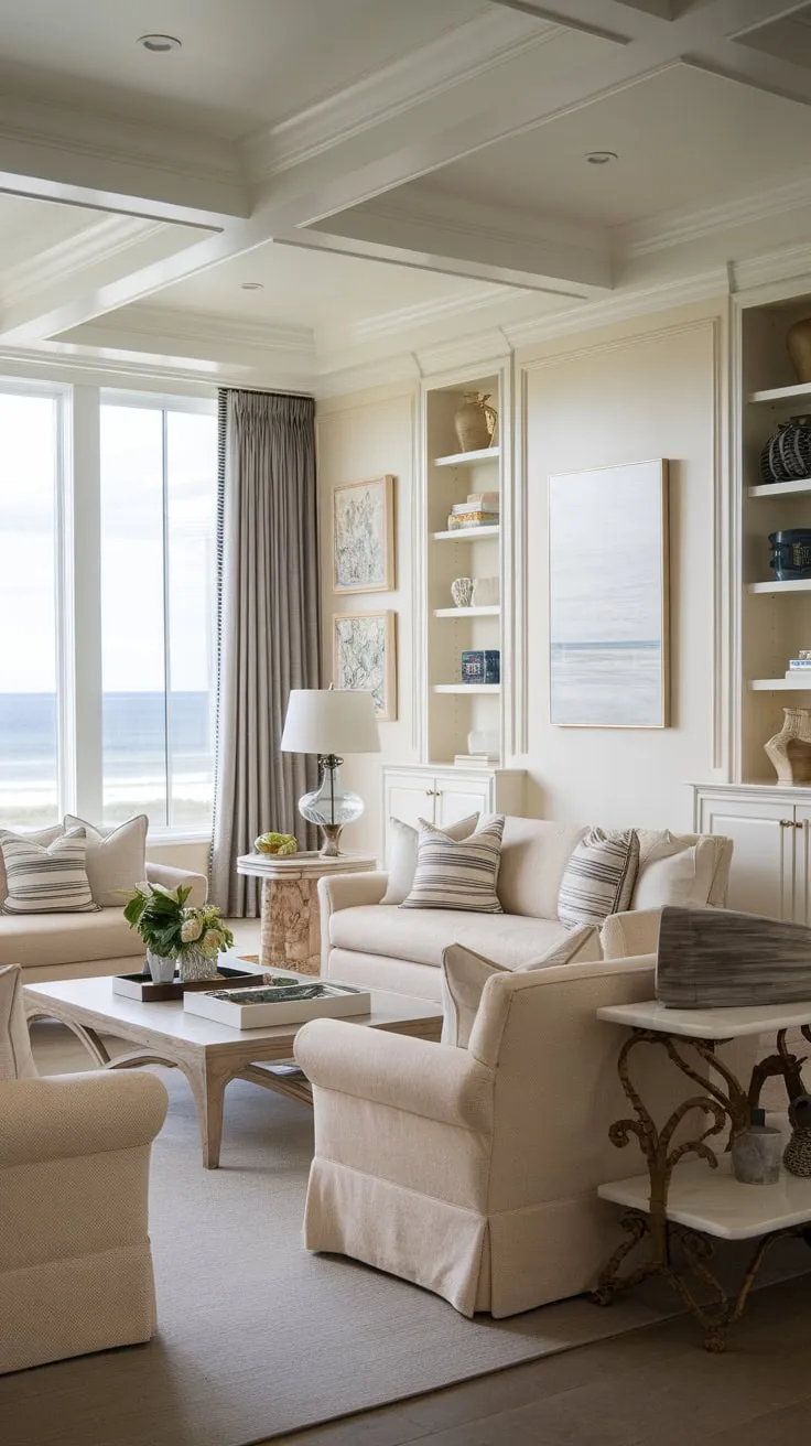 Ocean views enhance a sophisticated beige living room featuring French-inspired design elements and matching furniture, creating a modern classic coastal retreat