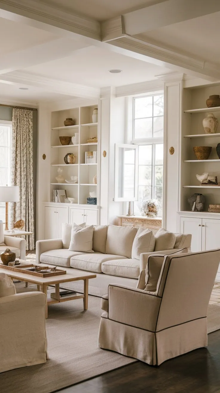 A modern classic living room blends French country charm with coastal style in a sophisticated beige and white palette.