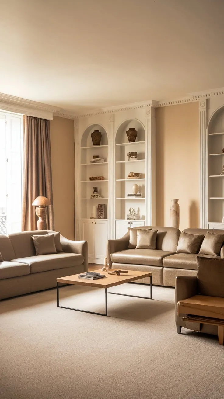 A modern classic living room achieves French-inspired charm with beige walls and carpet, twin sofas, a wood and white color scheme, and built-in shelving, all bathed in warm light.
