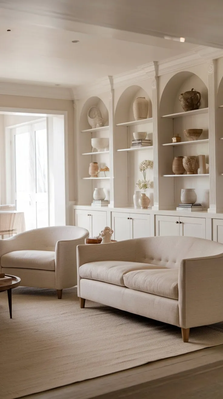 A calming coastal-inspired living room features French-infused design elements, beige sofas, and a neutral palette for a modern classic feel