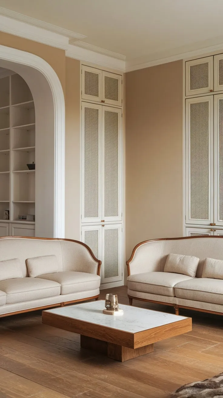 Beige walls and wood floors create a sophisticated French-inspired modern classic living room with matching sofas and white built-ins