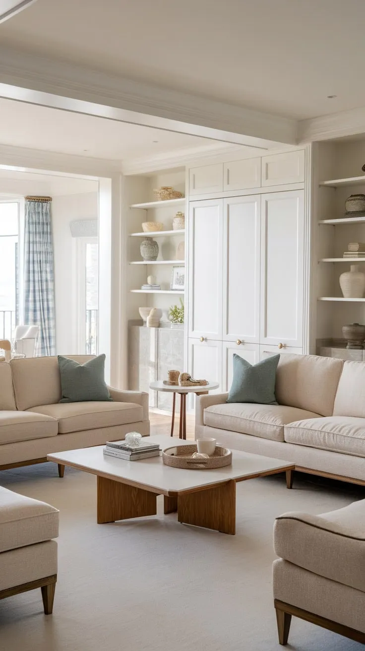 Elegant beige sofas and coastal accents define this warm, French-inspired modern classic living room.