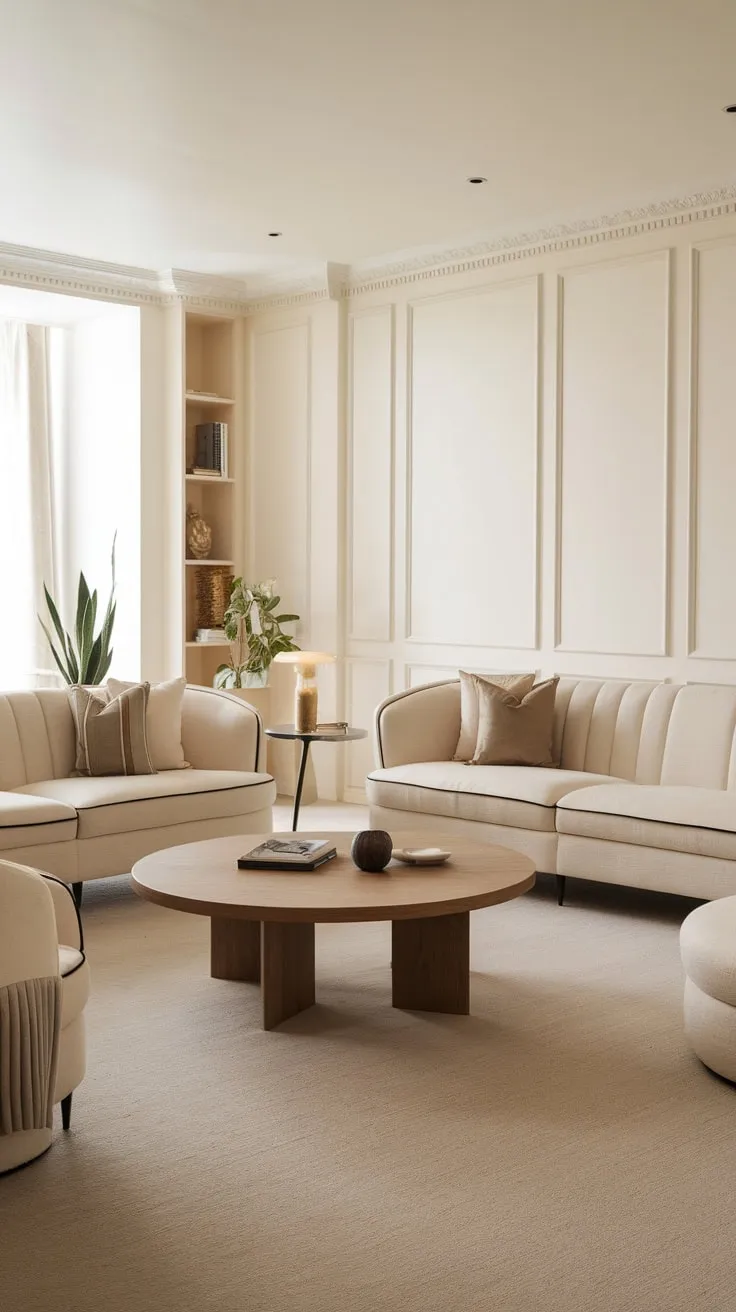 Elegant beige sofas and a round wooden coffee table define this French-inspired modern classic living room, complemented by white built-ins and soft carpeting.