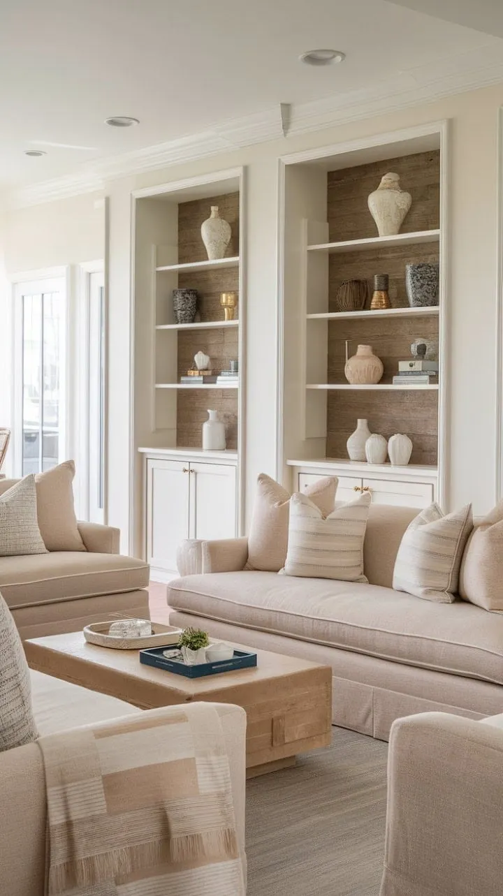 Bathed in sunlight, this serene living room embodies Nancy Meyers' signature style with its creamy palette, French-inspired sofas, and coastal touches, exuding a timeless and inviting elegance.