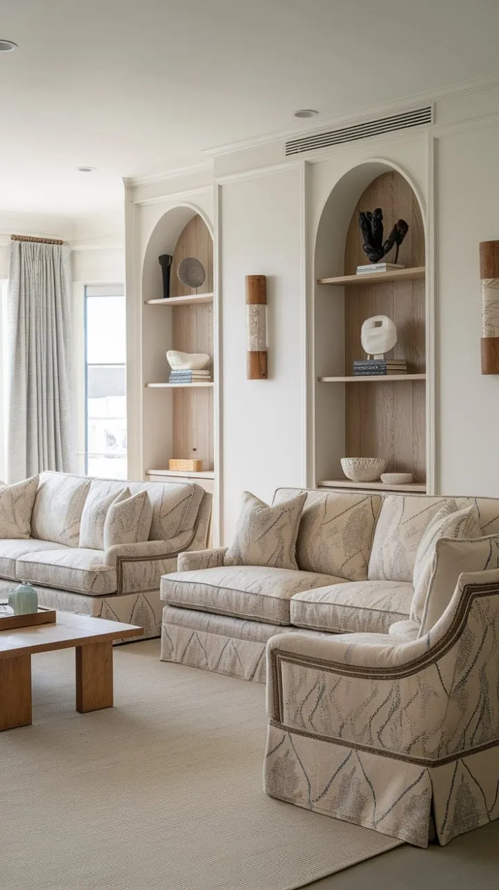 In a harmonious blend of coastal breezes and Parisian elegance, this exquisitely designed living room offers a tranquil retreat where sophistication meets effortless comfort.