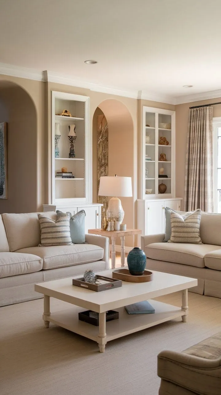 Bathed in soft sunlight, this coastal-inspired living room harmoniously blends modern comfort with timeless charm, creating a serene haven of tranquil elegance.