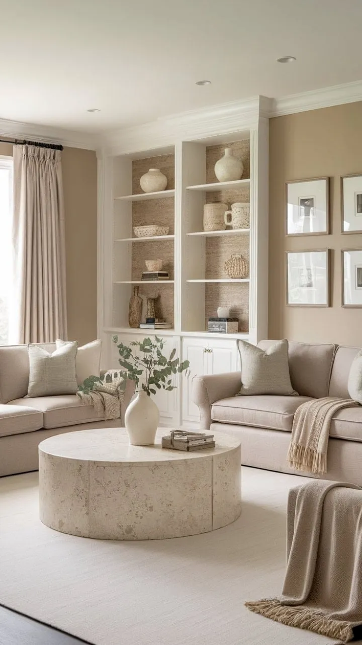 This French-inspired living room, drenched in soft light and a creamy beige palette, radiates serene elegance and timeless style, making it the ultimate retreat for relaxation and appreciation of life's finer moments.