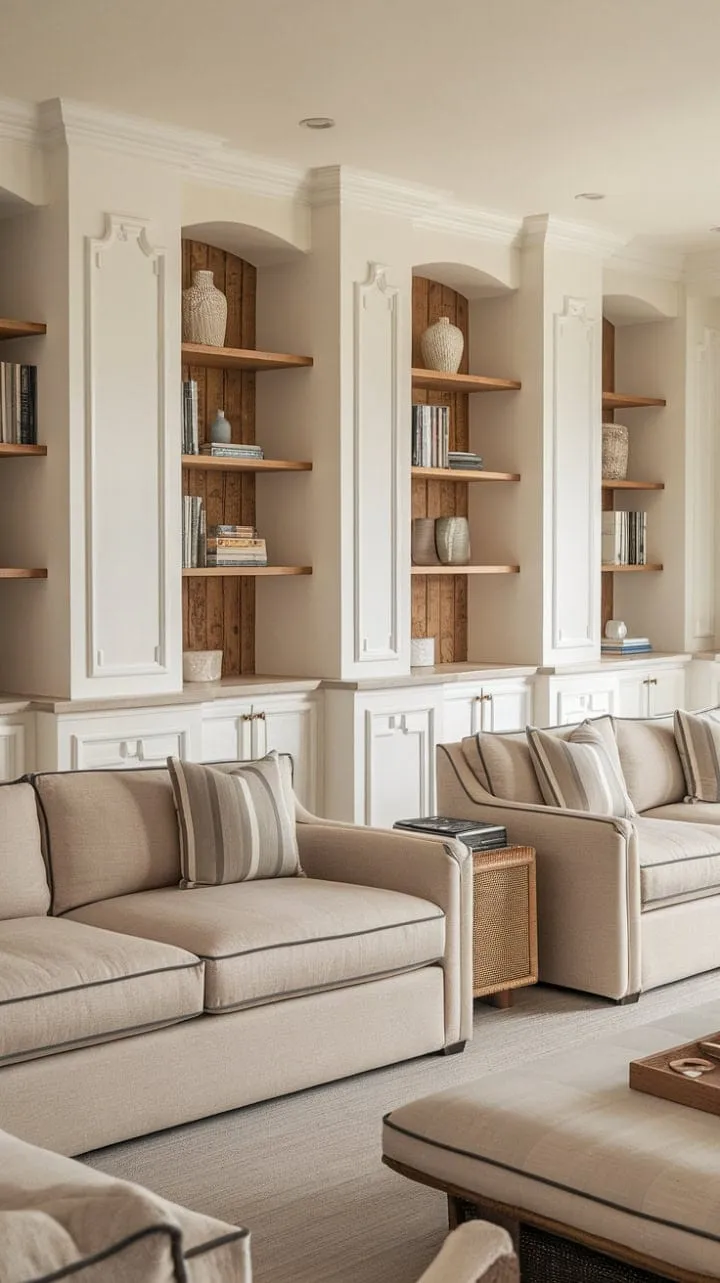 This elegantly designed living room, infused with coastal charm and French-inspired touches, invites you to unwind with a book as the soothing sea breeze flows through the windows.