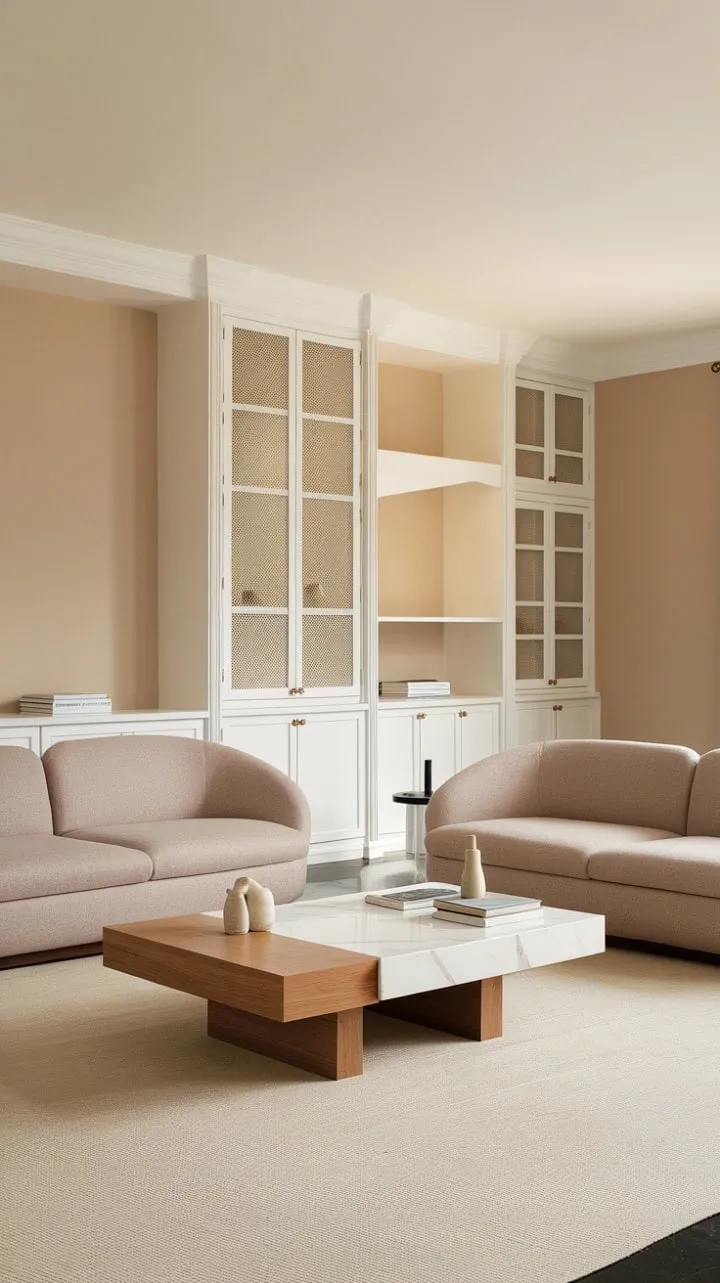 This living room beautifully blends French-inspired design with modern comfort, creating a serene oasis of effortless elegance and luxurious simplicity.