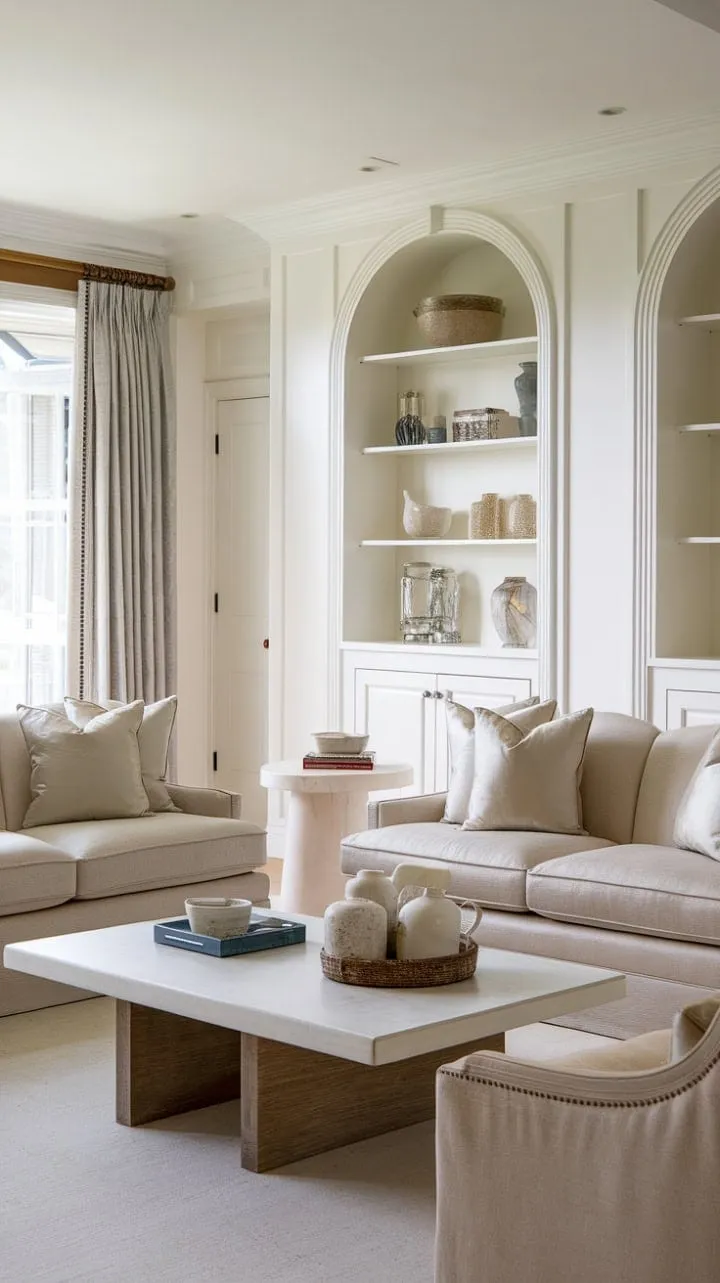 Bathed in sunlight, this serene living room blends French elegance with coastal ease, inviting relaxation and quiet conversation in a timelessly luxurious setting.