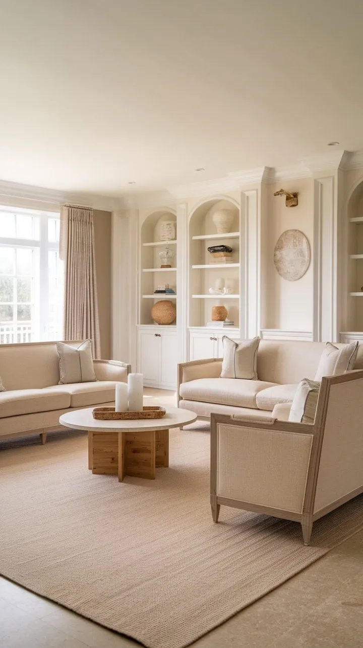 Experience the tranquil charm of coastal living infused with French elegance in a serene space that embodies understated luxury through its soothing beige palette and warm wood accents.