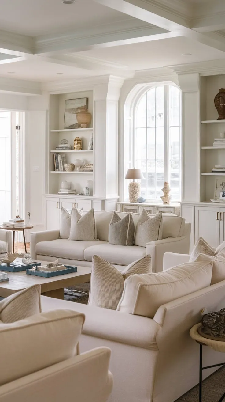 Coastal vibes meet refined elegance in a modern classic living room boasting beige sofas, white built-ins, and a French-inspired aesthetic.