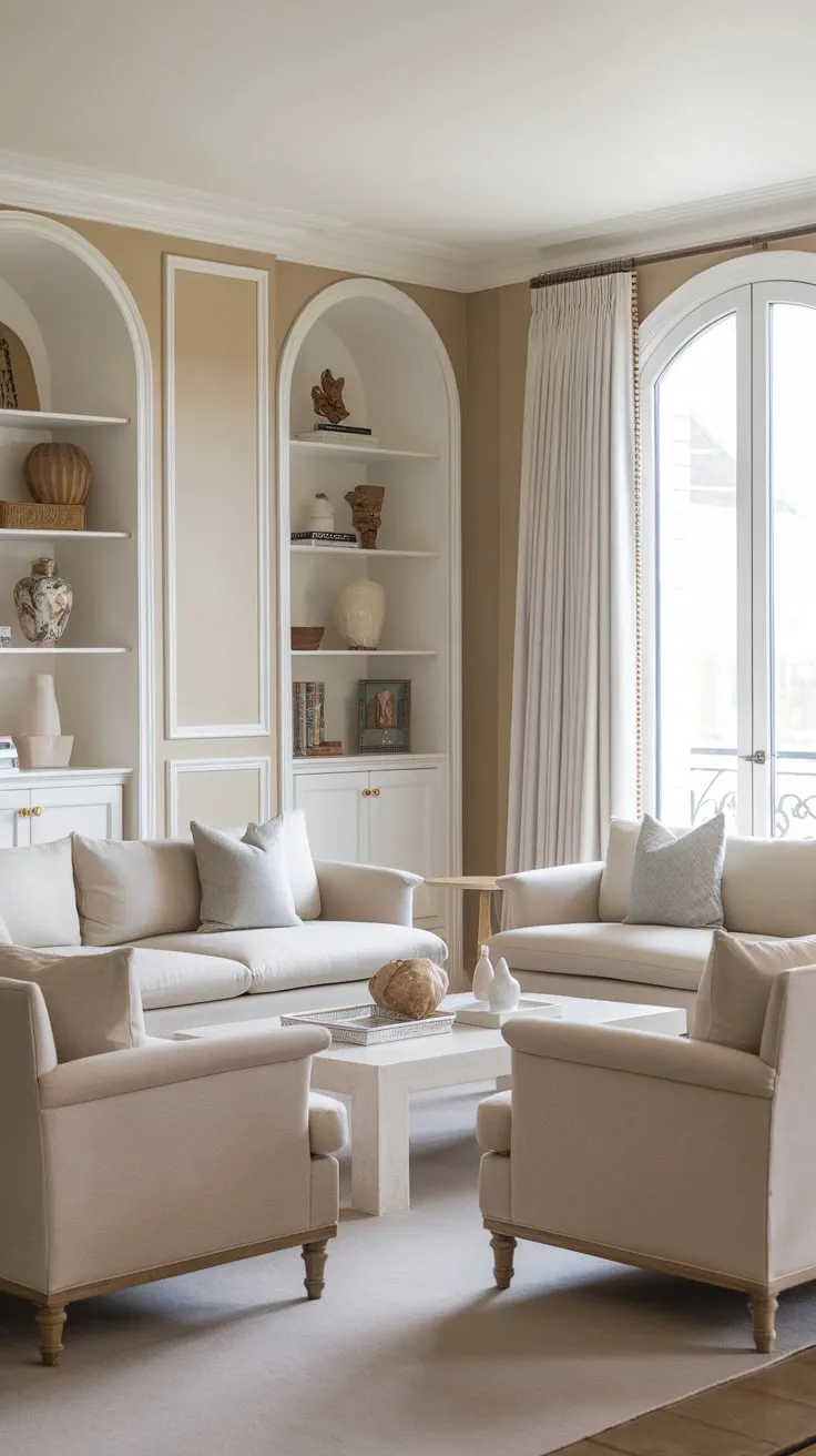 A sunlit French-country-meets-coastal living room features matching beige sofas and a white coffee table, exuding modern classic charm.