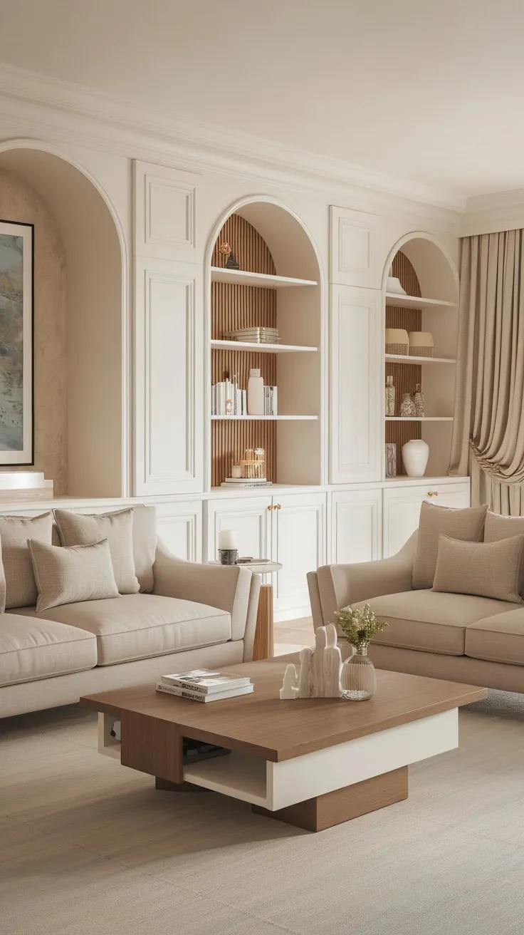 A modern classic living room blends coastal charm with French elegance through a neutral palette and stylish built-ins.