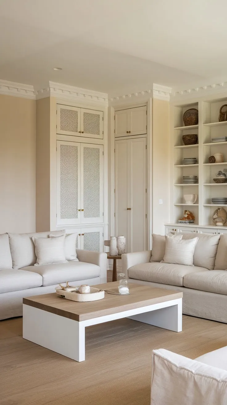 A French-inspired coastal living room showcases modern classic style with matching sofas and a wood and white coffee table.