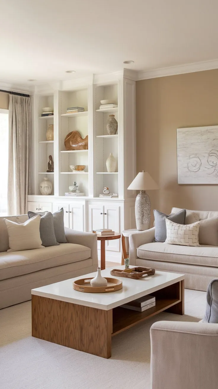 French-country charm meets modern minimalism in this beige living room featuring wood and white accents, creating a relaxed coastal vibe.