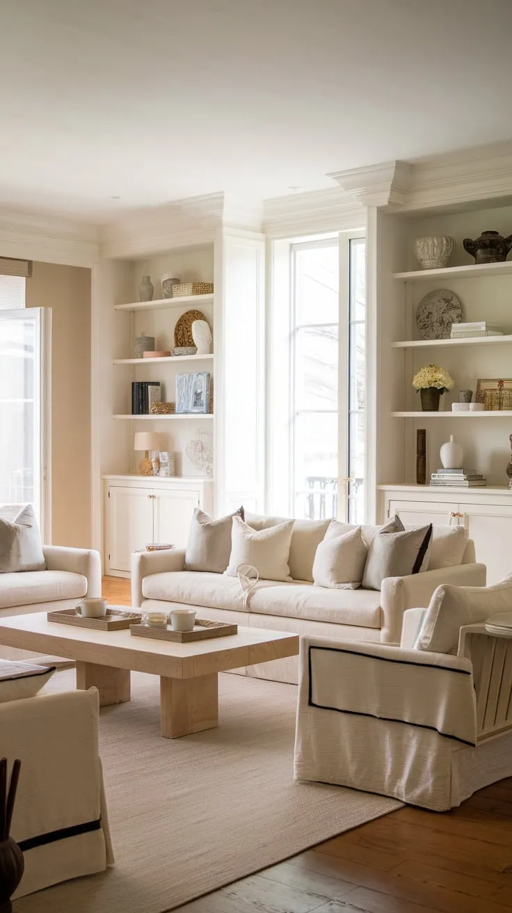 Elegant beige and white French-inspired living room evokes a Nancy Meyers coastal vibe with matching sofas and built-in shelving
