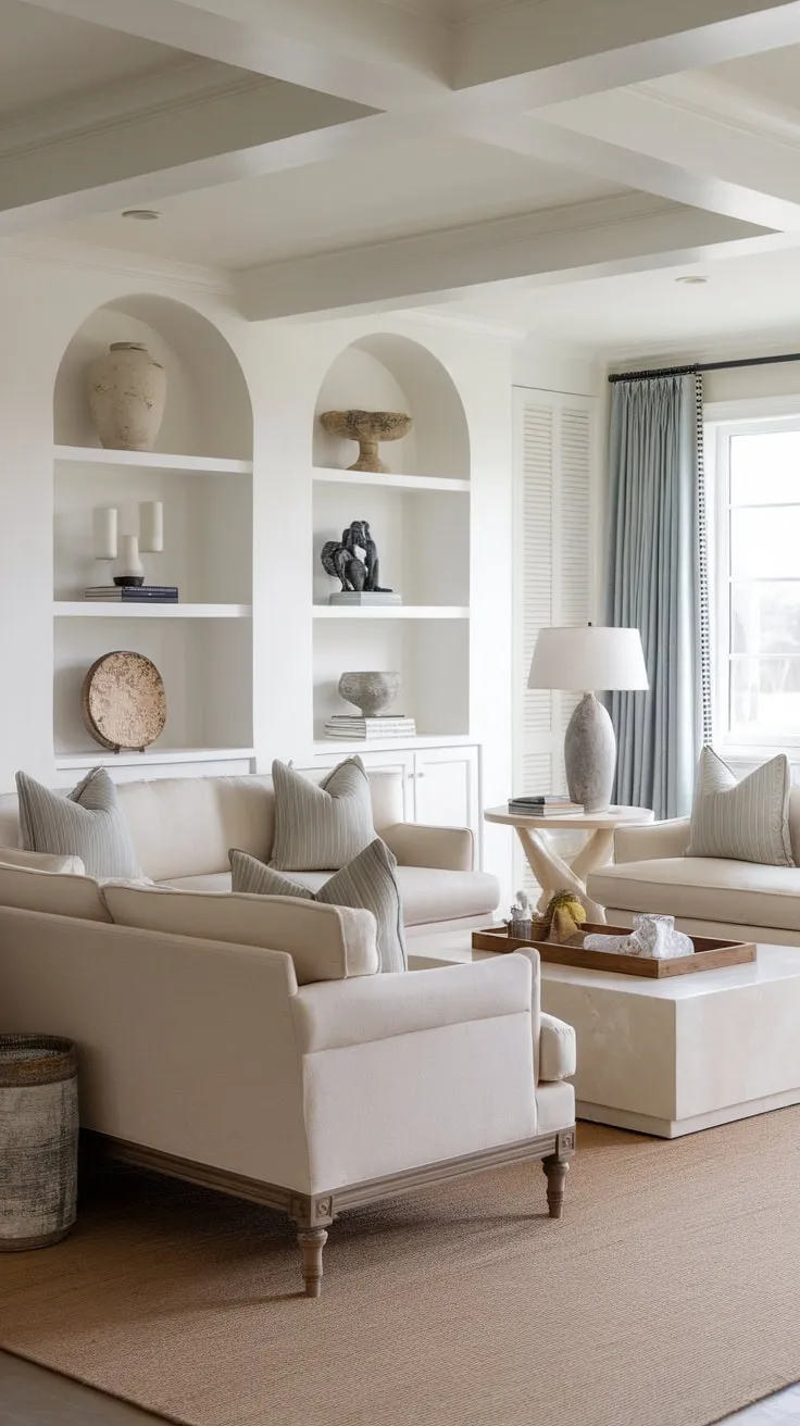 A modern classic coastal living room features facing beige sofas, a white coffee table, and built-in shelving, creating a sophisticated French-inspired space reminiscent of Nancy Meyer's style.