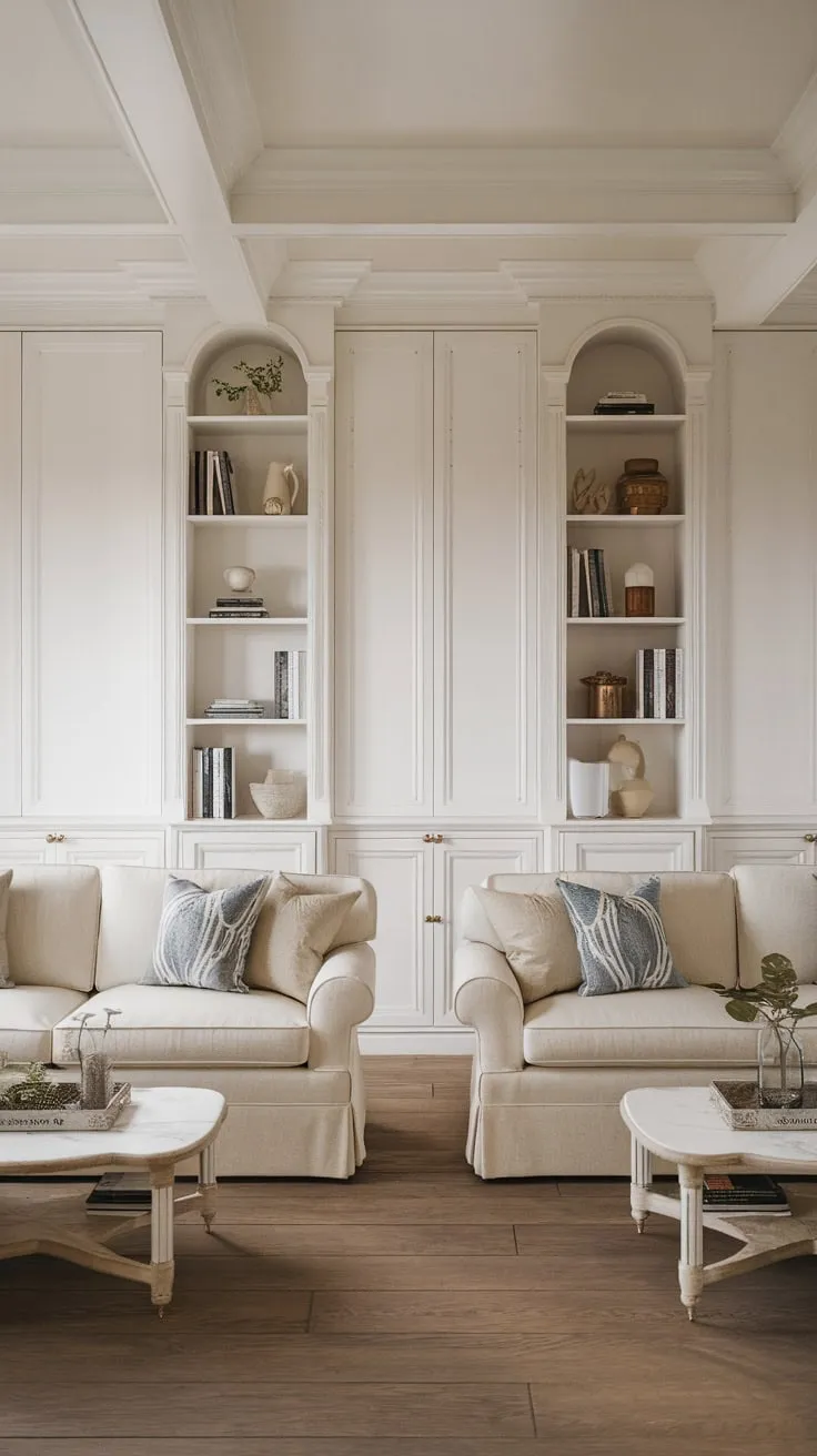 A French-infused modern classic living room boasts a calming coastal vibe with beige sofas, white built-ins, and warm wood floors.