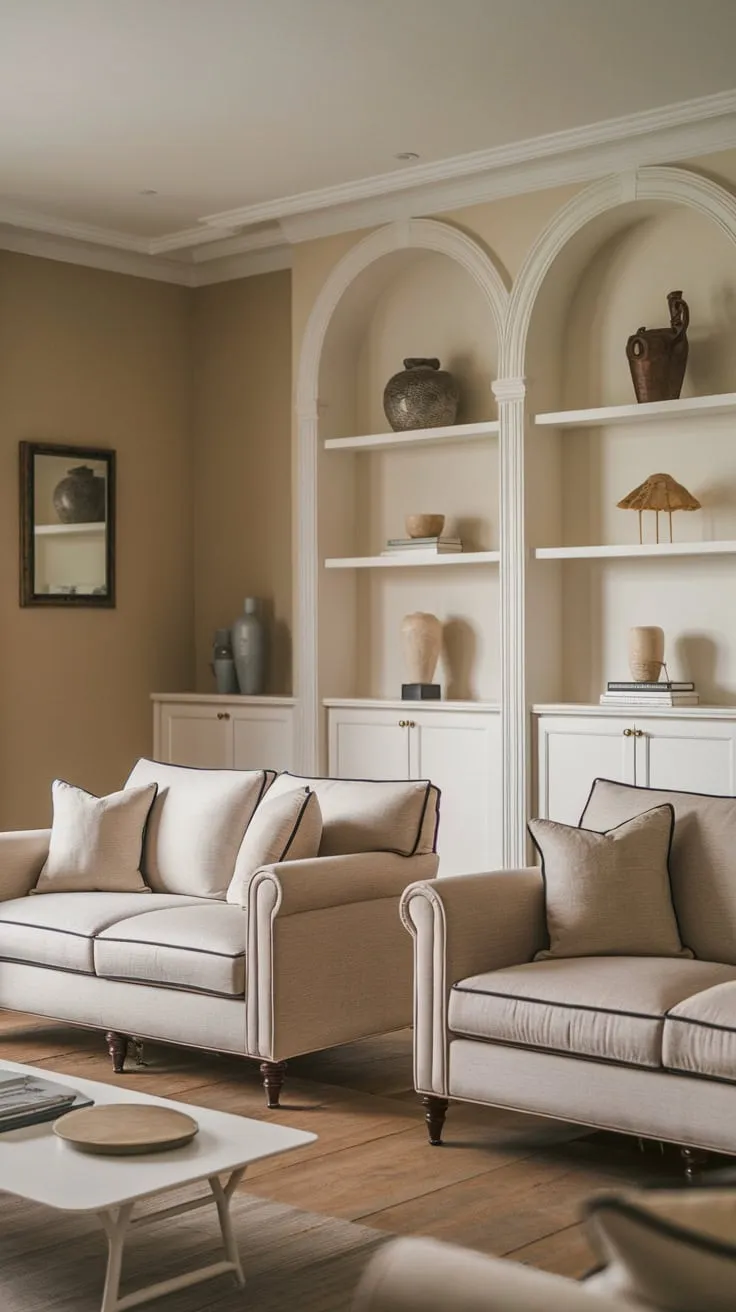 Warm lighting illuminates a coastal-inspired modern classic living room featuring beige sofas, a white coffee table, and built-in shelving against a backdrop of beige walls and wood floors.