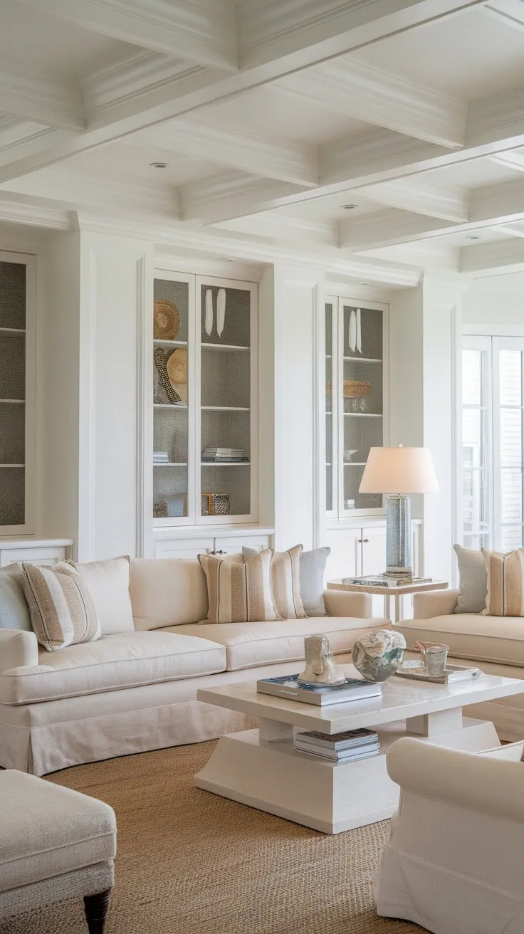 A Nancy Meyers-inspired coastal living room blends modern classic French design with calming beige tones and white accents, creating a sophisticated yet relaxed atmosphere.