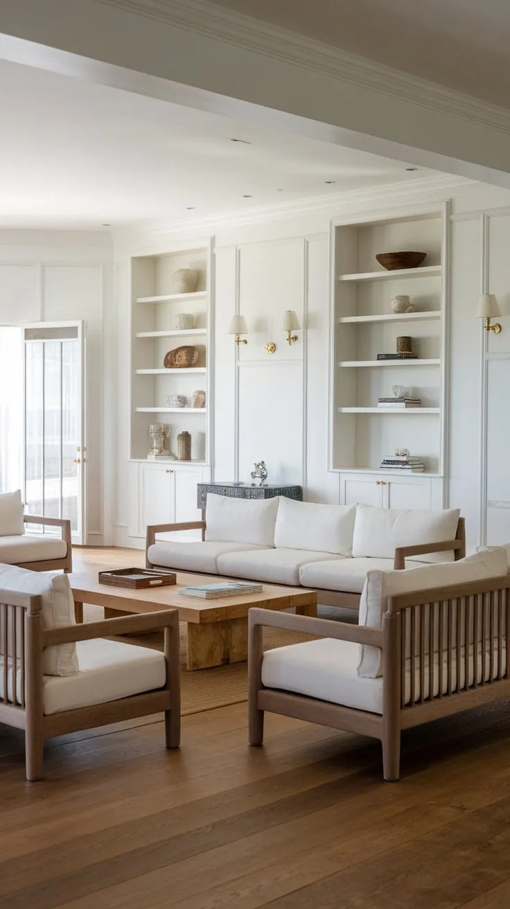 A modern classic living room blends French design elements with coastal vibes in a sophisticated, wood-toned space.