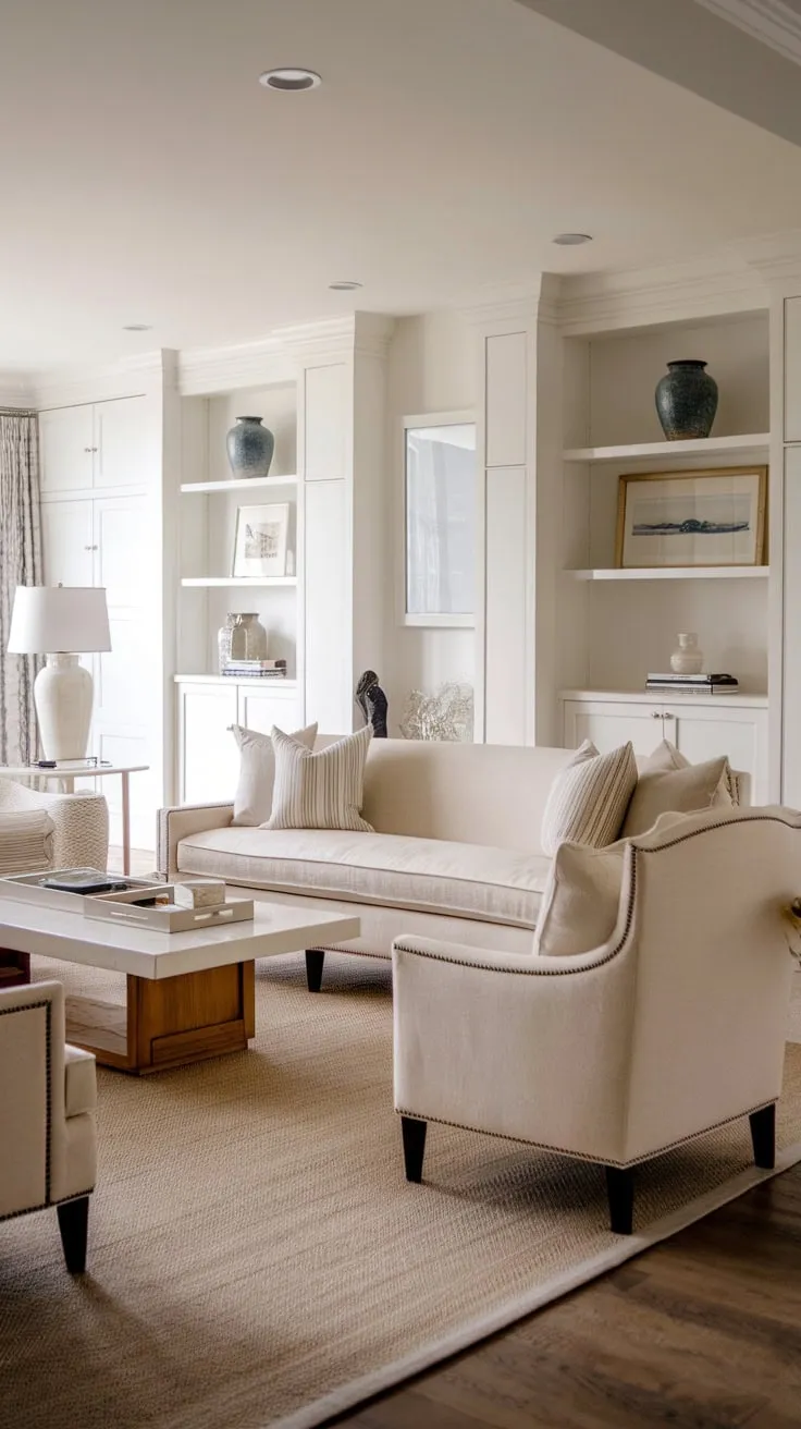 Elegant beige sofas and white built-ins create a Nancy Myers-inspired coastal living room with French flair.