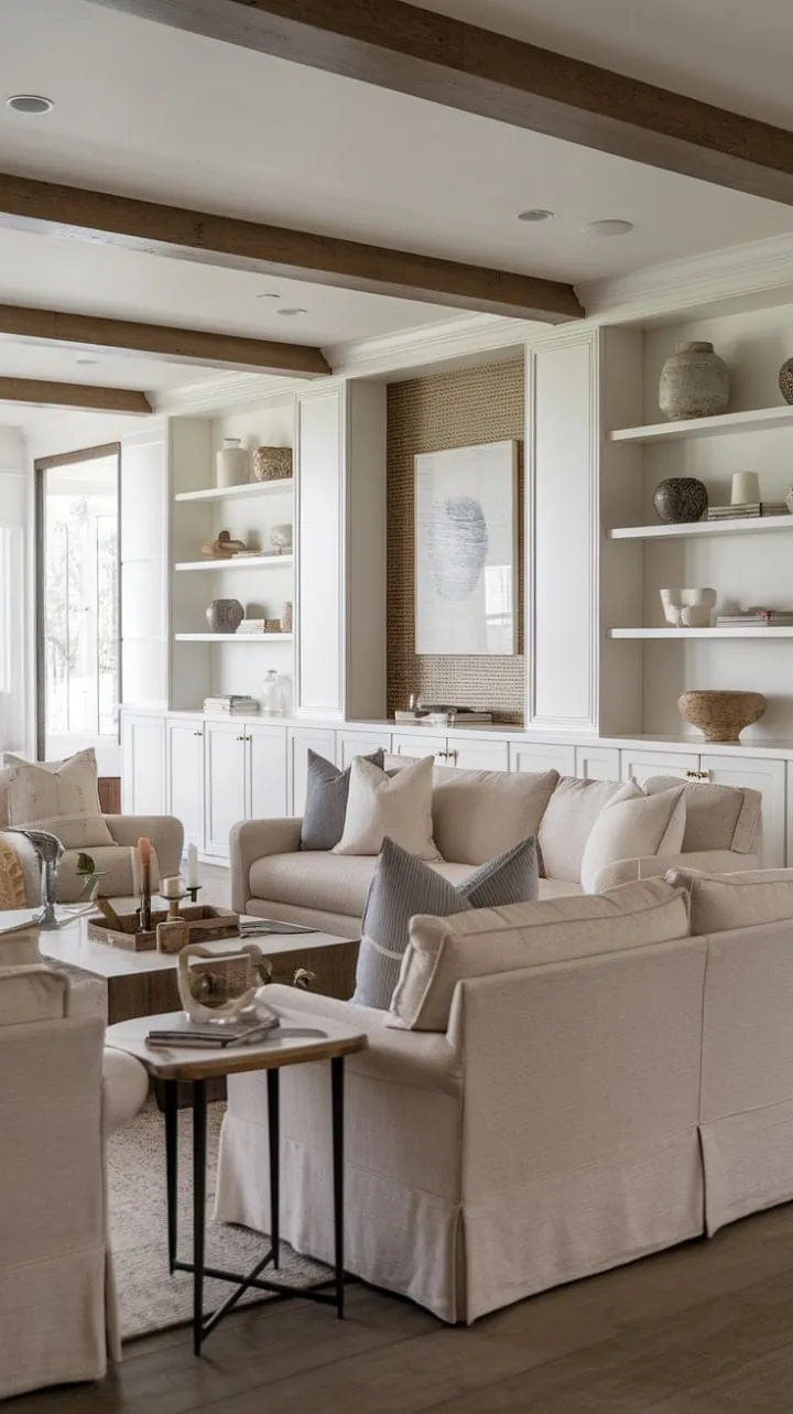 Bathed in sunlight, this coastal living room exudes a serene elegance with its creamy beige couches and French-inspired details, creating a perfect retreat of modern comfort and timeless charm.