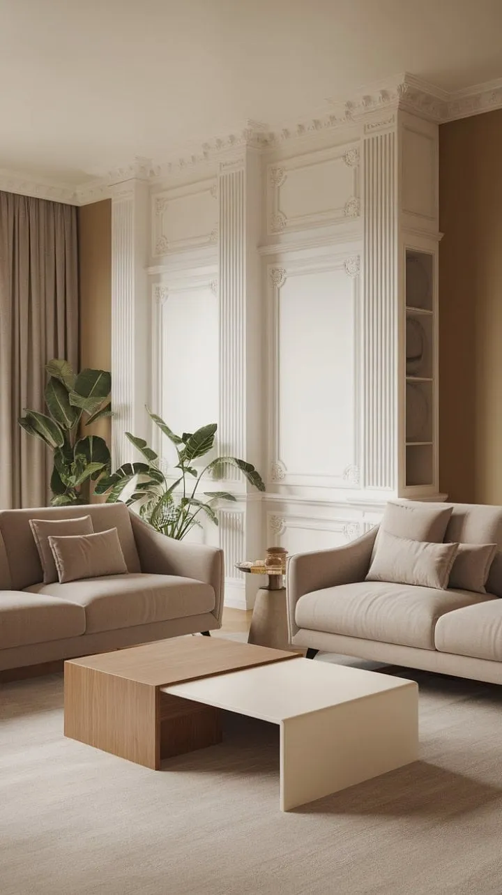 This living room harmoniously marries French elegance with modern flair, crafting a serene sanctuary of comfort and sophistication.