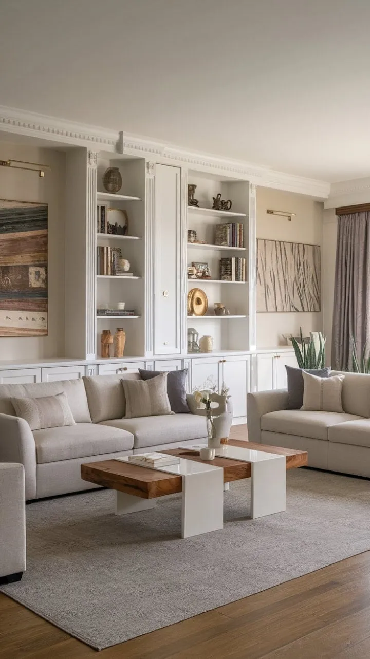 This elegantly designed living room combines soothing neutrals with curated art, creating a stylish sanctuary of comfort and personality.