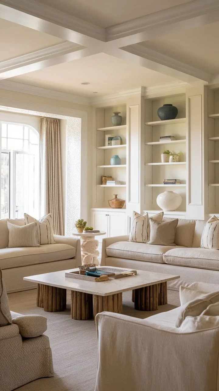 Sinking into plush beige sofas with a glass of wine in a French-inspired, coastal living room feels like stepping into a scene from a Nancy Meyers film—a perfect escape into tranquility and sophistication.