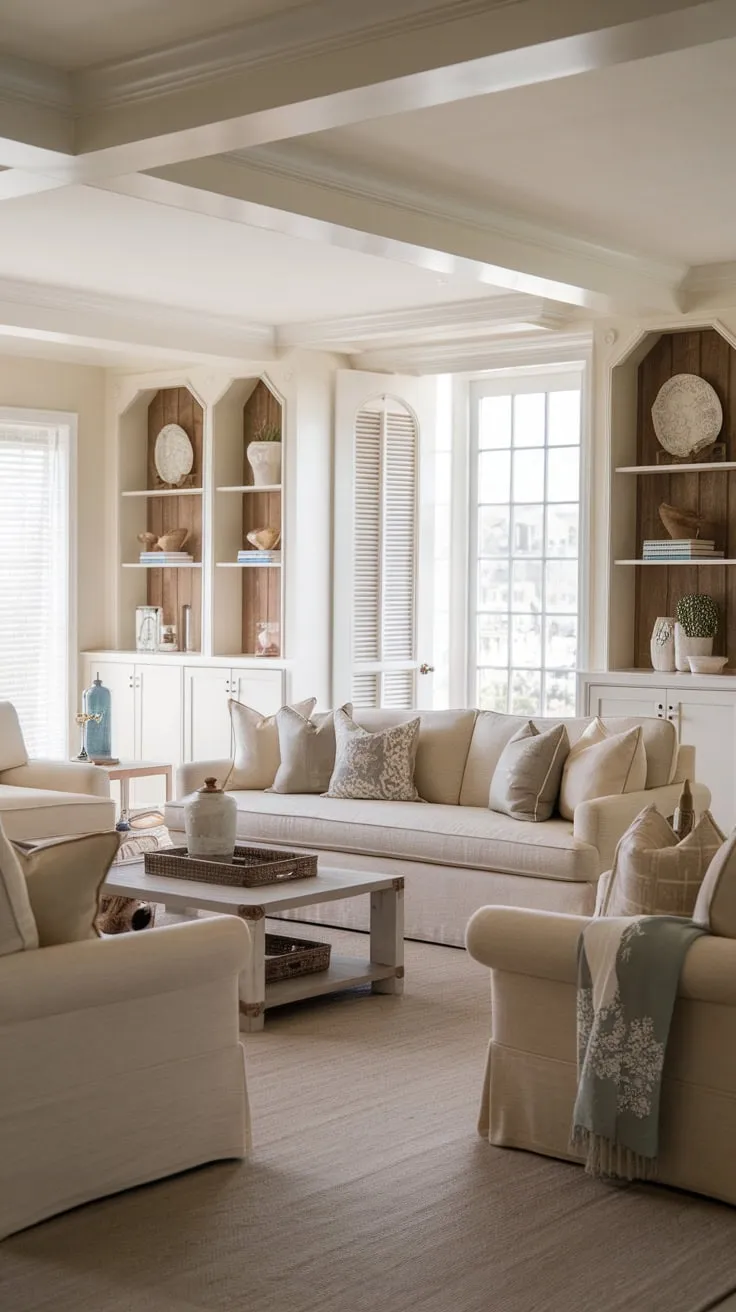 A beige and white coastal living room, reminiscent of Nancy Meyers' style, blends French-inspired design with modern classic comfort.