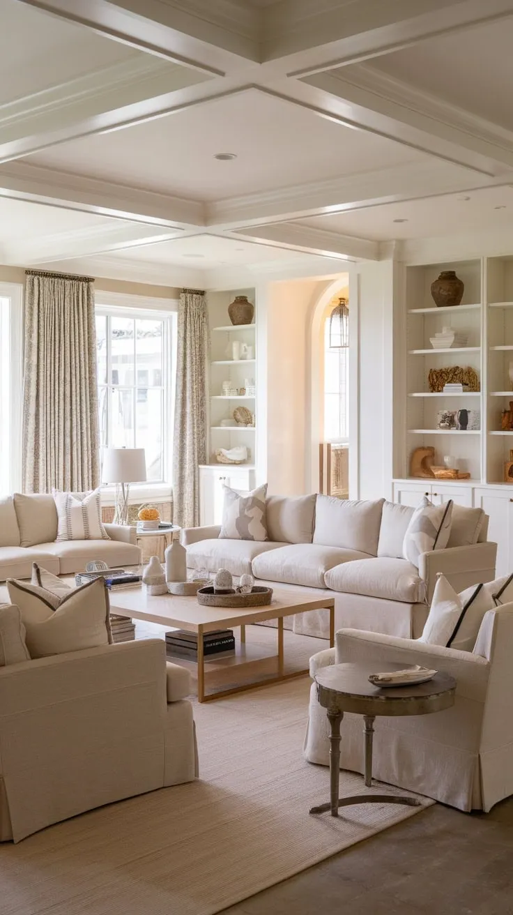A beige and white coastal living room, featuring matching couches and French-inspired design elements, evokes a sophisticated Nancy Meyers aesthetic.